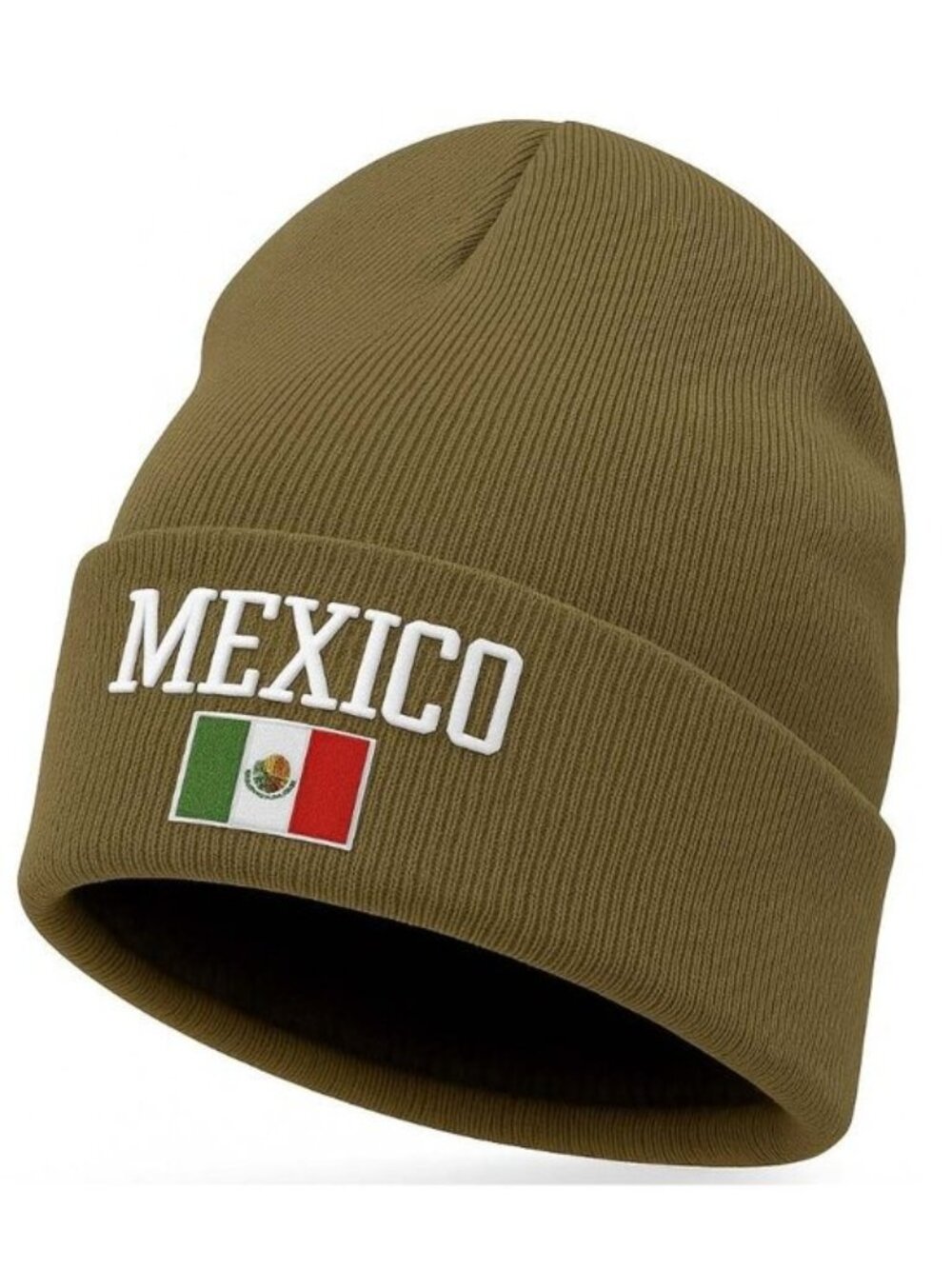 Fleece Lined Mexico Beanie Hat, Olive